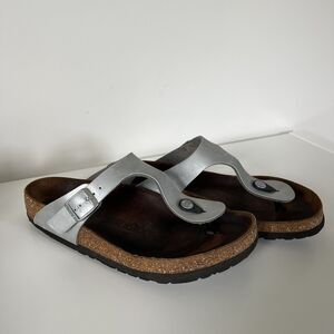 Birkenstock Women's Silver Gizeh T-Strap Cork Sandals Size 39 US 8.5